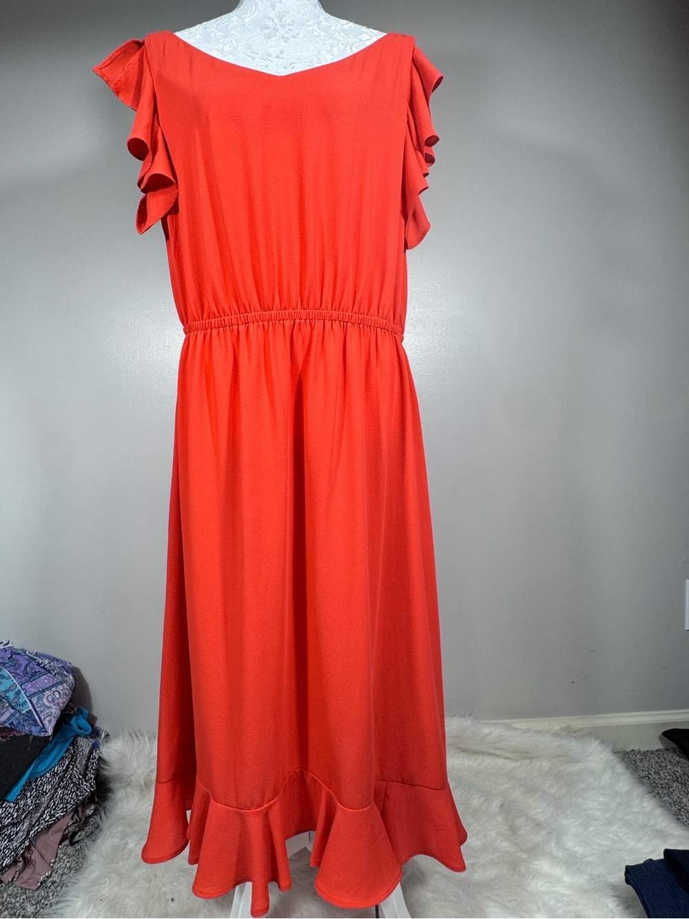 Gabby Skye Coral-Red Maxi Dress with Ruffle Hem